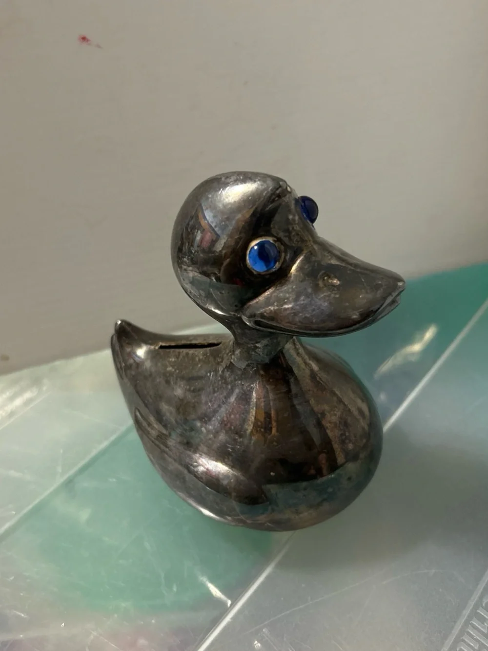 Silver Duck Coin Bank with Blue Accent Eyes